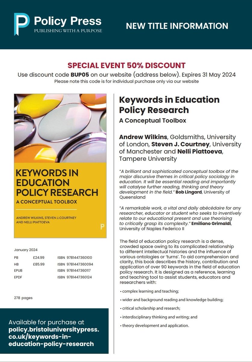 Andrew W. Wilkins (@andewilkins) on Twitter photo Thank you to everyone who attended our book launch today hosted by <a href="/EPFutures/">Education Policy Futures</a>
To celebrate <a href="/policypress/">Policy Press</a> are offering 50% discount on individual purchases of the book
Apply discount code BUP50 at checkout (expires 31 May)
policy.bristoluniversitypress.co.uk/keywords-in-edā¦
Please share widely Thank you to everyone who attended our book launch today hosted by <a href="/EPFutures/">Education Policy Futures</a>
To celebrate <a href="/policypress/">Policy Press</a> are offering 50% discount on individual purchases of the book
Apply discount code BUP50 at checkout (expires 31 May)
policy.bristoluniversitypress.co.uk/keywords-in-edā¦
Please share widely