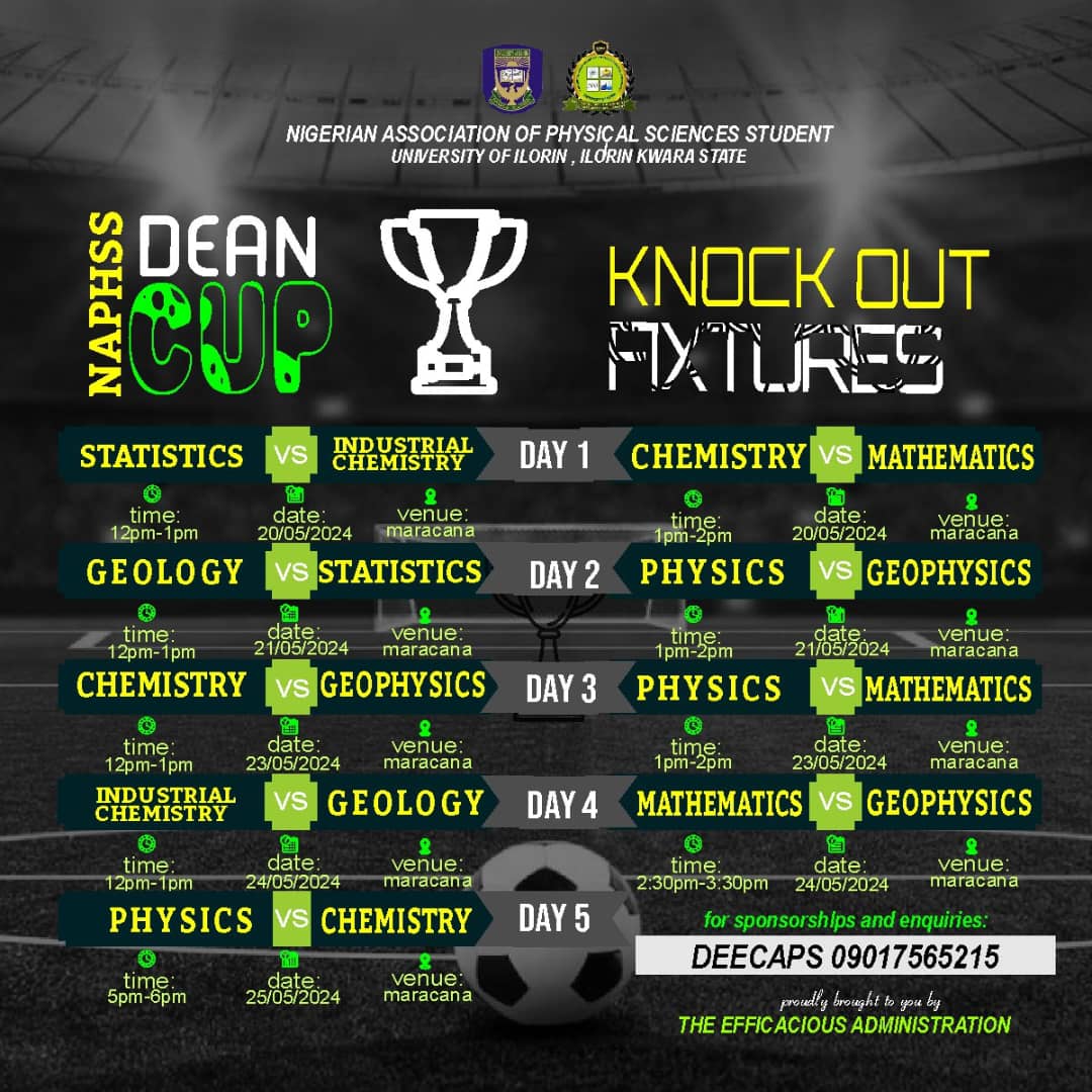 🏆⚽ NAPHSS DEAN'S CUP TOURNAMENT FIXTURES 🏆⚽ Attention, Esteemed Naphssites!! In the enduring spirit of sportsmanship and athletic competition, we are delighted to announce the commencement of the Dean's Cup Tournament on Monday, May 20th, 2024.