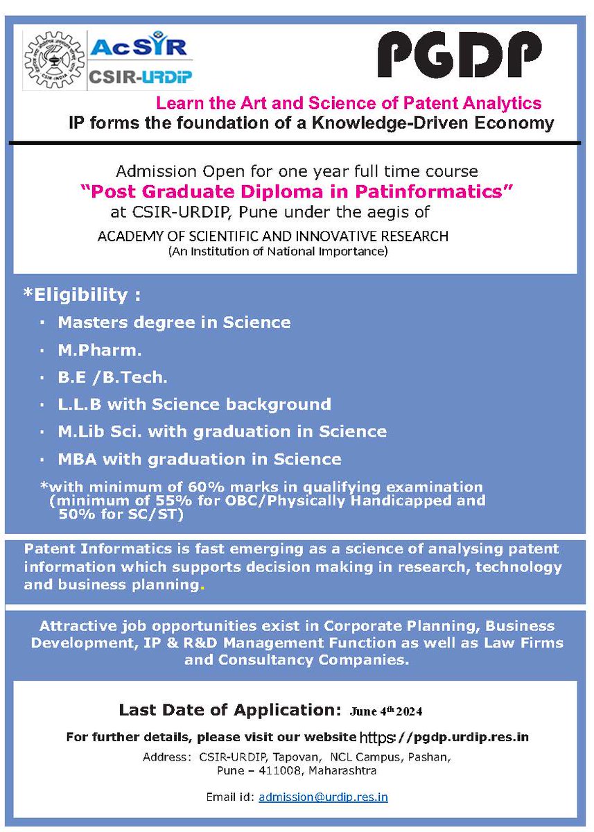 Admission for one year full time Post Graduate Diploma in Patinformatics (PGDP) for 2024-25 is now open.
@annauniversity @iiscbangalore @KIITUniversity @iic_cujranchi @HRDG_CSIR @NCMR_Pune @ClusterPune @AMRITAedu @SinhgadCollege @UnivofDelhi