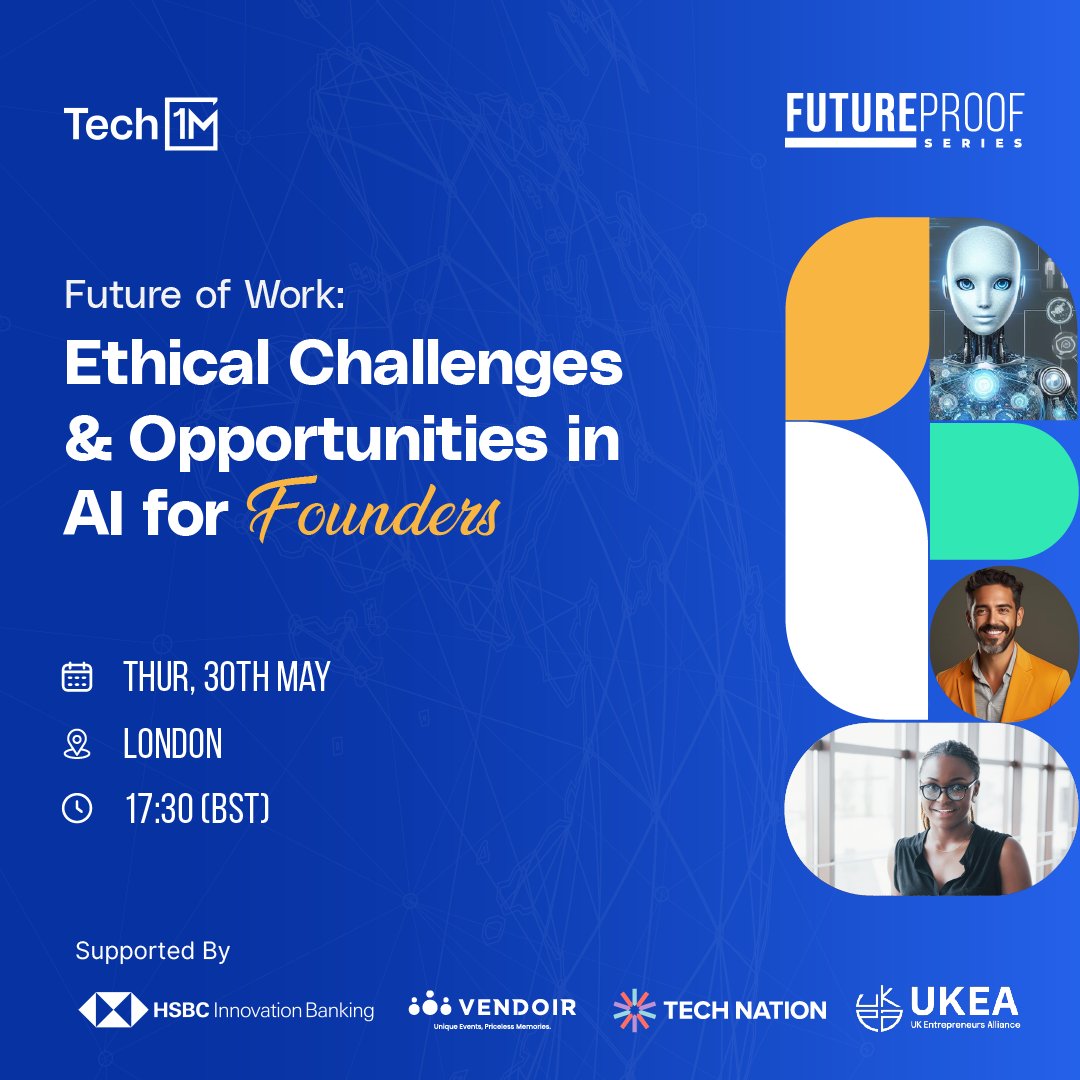 We have exciting news! We are pleased to announce that the Future Proof series for Founders powered by Tech1M will be happening live in London🥳
Register here: tech1m.com/futureproof 

#AI #FutureOfWork #TechEthics 
#Tech1M #Startup #Founder #Innovation #EthicalAI