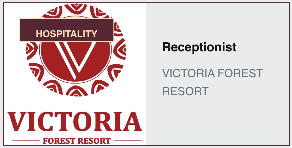 Victoria Forest Resort are looking for a Receptionist Details: jobnotices.ug/job/receptioni…