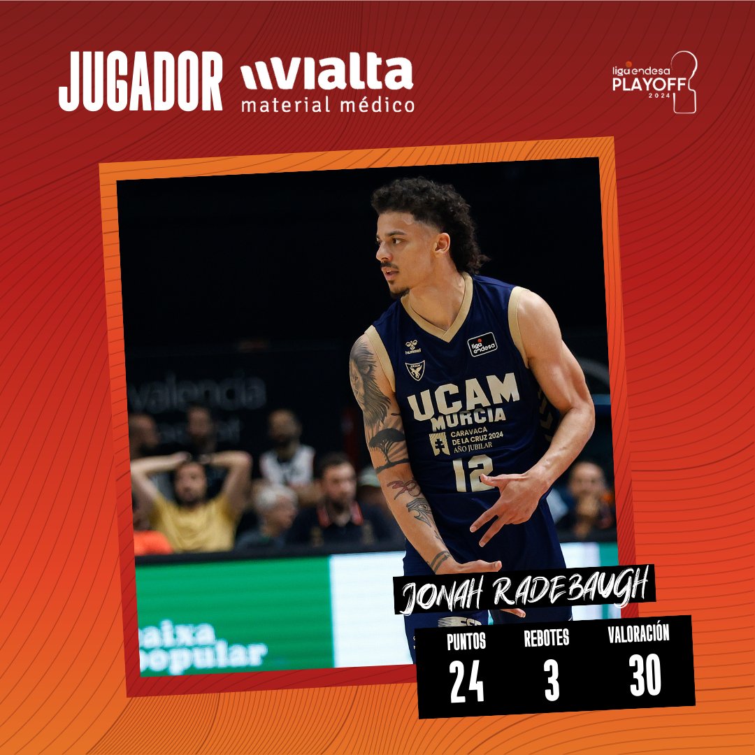 🔥 ¡Jonah Radebaugh, jugador @vialta_salud del primer partido de Playoffs frente a Valencia Basket! #TheLegacy