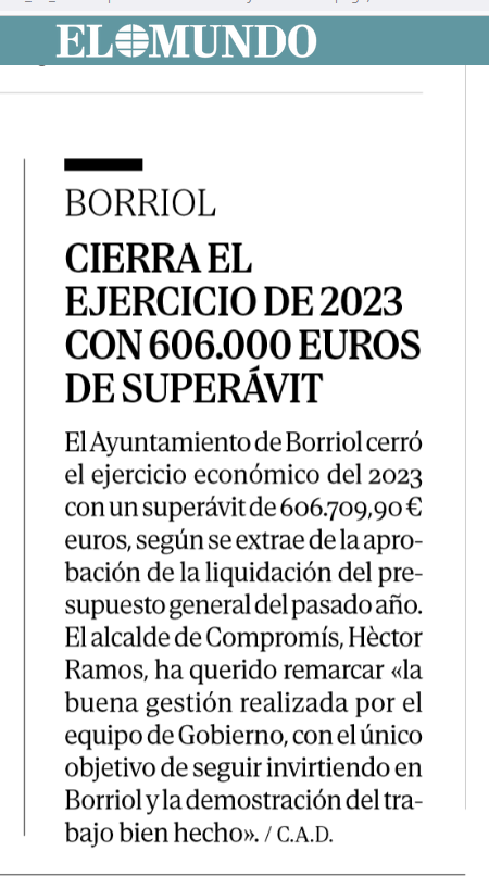 compromisbrriol's tweet image. Borriol va tancar 2023 amb un superàvit de més de 600 mil euros
 
Ramos: “Anem a seguir gestionant amb responsabilitat els diners de totes i tots per no tornar a èpoques passades”
 
#Borriol
#SeguimFentPoble
#GovernsAmbCompromís