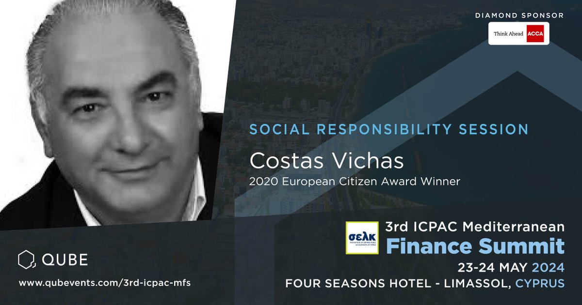 Join us this week for a Social Responsibility Session with Costas Vichas, awarded the 'European Citizen' in 2020 for his humanitarian work, sharing his inspiring journey at the 3rd ICPAC #Mediterranean #Finance #Summit on 23-24 May in #Limassol. Book at bit.ly/44rUtGT