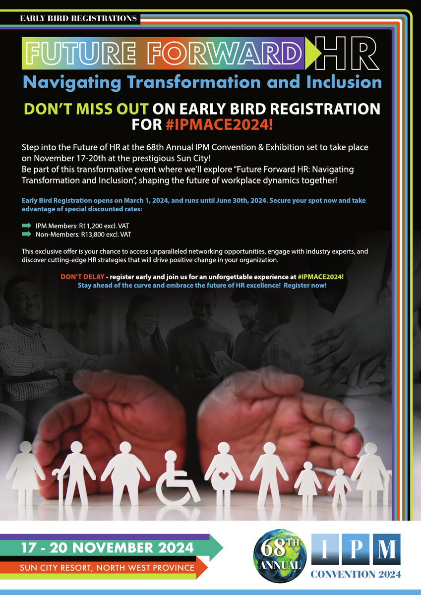 Secure your spot now! Early bird registration for #IPMACE2024 is open! Join us in Sun City from Nov 17-20 for an unforgettable event. Don't miss out! Register today: ipm.co.za/ipmace2024

#HR #PeopleManagement #Conference