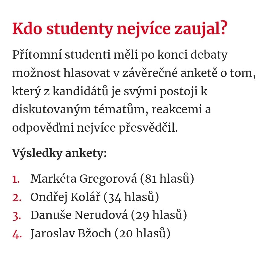 Je to jen drobná anketa po debatě, ale já si výsledku extrémně vážím. Je pro mě ukazatelem, že Piráti mají relevantní nabídku pro mladé lidi, a že jim ji dokáži předat. 🤗 Díky!