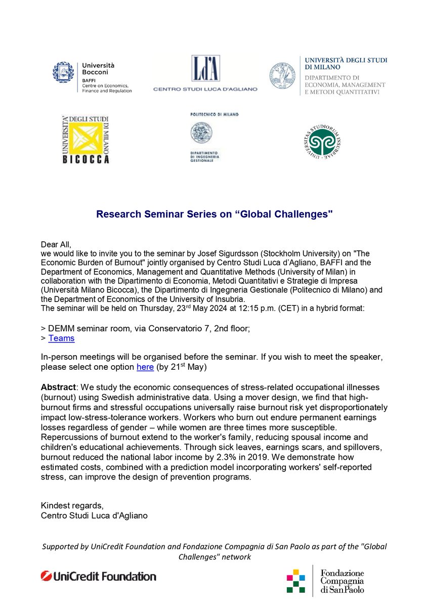 Josef Sigurdsson (<a href="/josefsig/">Josef Sigurdsson</a>; <a href="/SU_Economics/">Department of Economics, Stockholm University</a>) presenting "The Economic Burden of Burnout" jointly organised by Centro Studi Luca d'Agliano (<a href="/LdA_CentroStudi/">Centro Studi Luca d'Agliano</a>), BAFFI (<a href="/Unibocconi/">Università Bocconi</a>) and the Department of Economics, Management and Quantitative Methods (<a href="/DemmUnimi/">demm_unimi</a>)