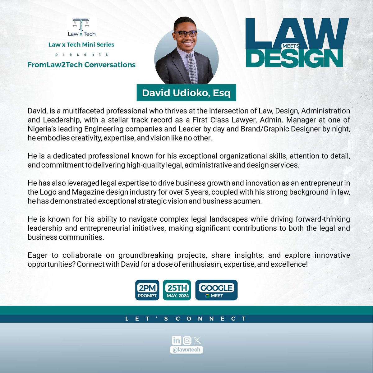 Lawyer + Graphics Designer = @DavidUdioko Let’s have FromLaw2TechConversations this Saturday at 2pm 🤗🥂 Register here —> lu.ma/d1vgtsl6