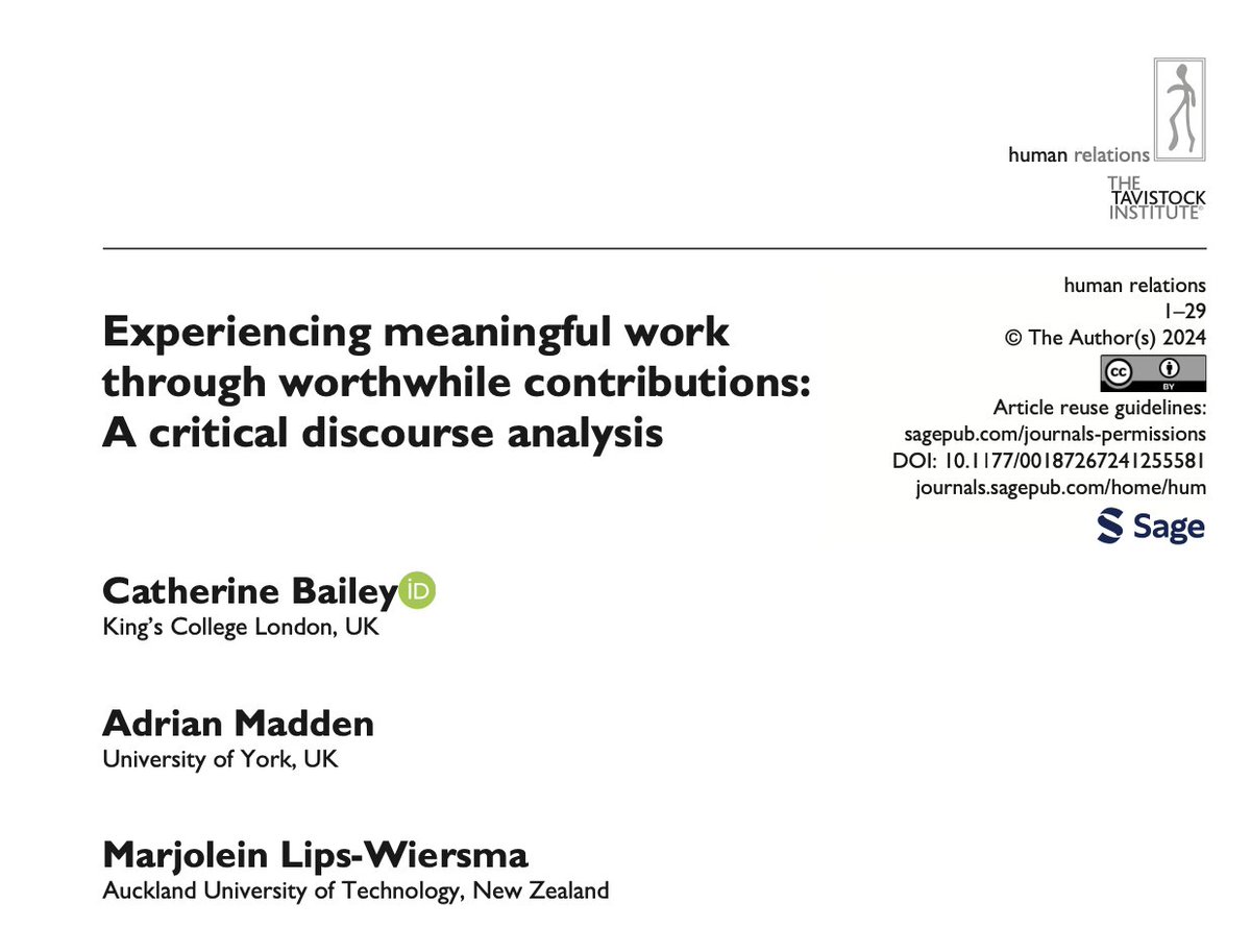 New research on #meaningful #work @HR_TIHR! 'Experiencing #meaningful #work through worthwhile contributions: A critical #discourse #analysis' Enjoy reading this work here: doi.org/10.1177/001872… @T_I_H_R @KingsCollegeLon @HR_TIHR