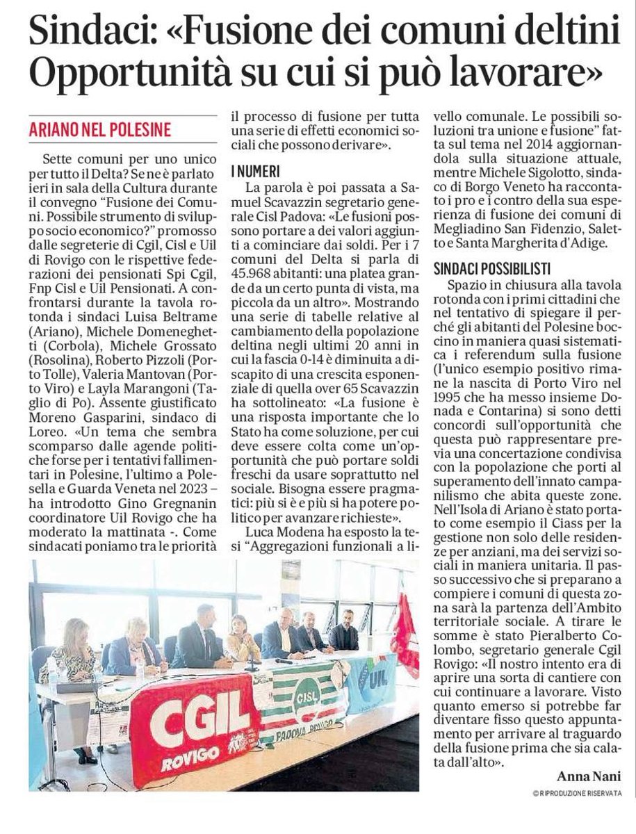 🗞️Su @Gazzettino e @lavocedirovigo, il convegno sulla fusione dei Comuni ad Ariano organizzato da Cgil, Cisl e Uil di Rovigo, con i sindaci del Delta. Il segretario @CislPdRo @SScavazzin: “La fusione dei Comuni è un'opportunità che dev’essere colta per investire nel sociale”.