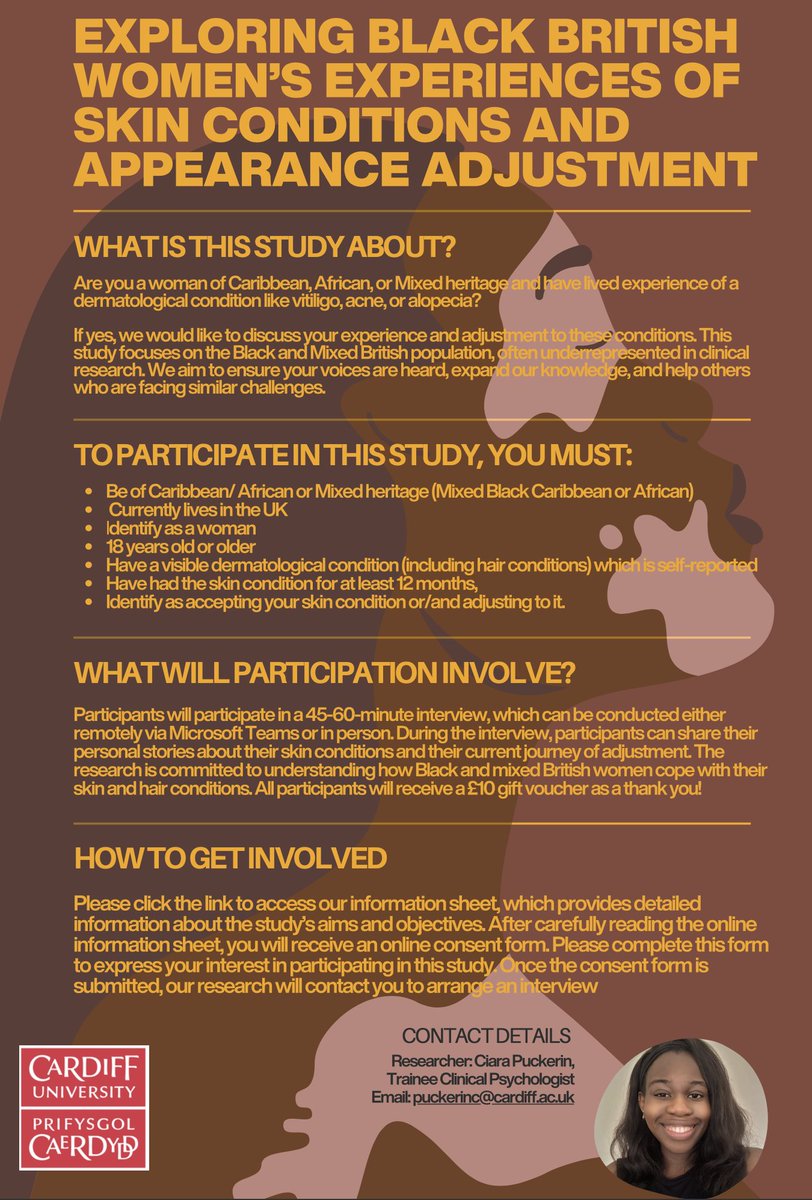 New Research Opportunity! <a href="/Hopefulcici/">Ciara K</a> is carrying out a study looking at the stories of Black and Mixed British women with skin conditions.

If you are interested, please complete this form: cardiffunipsych.eu.qualtrics.com/jfe/form/SV_0x…