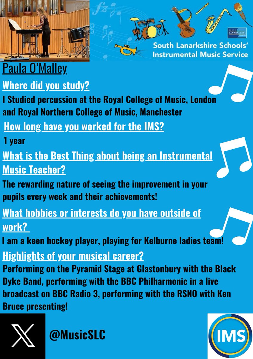 SLC Instrumental Music Service (@musicslc) on Twitter photo Meet the Team
Introducing Paula O'Malley, one of the newest members of the IMS team. Paula is an in demand percussionist, who regularly performs with some of the UK's leading orchestras! 🥁🪇🎵🎶
#MeetTheTeam #YMusicMatters <a href="/bb_brains/">Bigger Better Brains</a> <a href="/CreativeScots/">Creative Scotland</a> <a href="/EducationSLC/">SLC Education - CQIS</a> Meet the Team
Introducing Paula O'Malley, one of the newest members of the IMS team. Paula is an in demand percussionist, who regularly performs with some of the UK's leading orchestras! 🥁🪇🎵🎶
#MeetTheTeam #YMusicMatters <a href="/bb_brains/">Bigger Better Brains</a> <a href="/CreativeScots/">Creative Scotland</a> <a href="/EducationSLC/">SLC Education - CQIS</a>