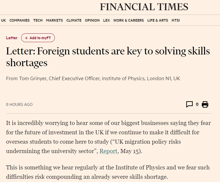 TomGrinyer's tweet photo. Some of our biggest businesses fear for future investment in the UK due to increasing difficulties with overseas student visas for UK study. My letter on behalf of @PhysicsNews in today's @FT 

Letter: Foreign students are key to solving skills shortages https://t.co/hNRT2g3F8Z https://t.co/Hgz6kE4XIk