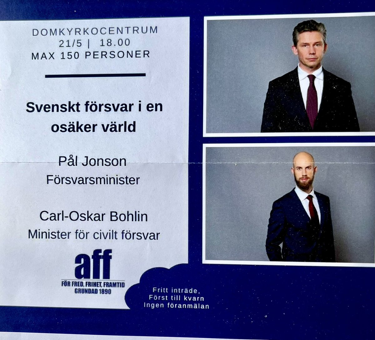 Vi är stolta att ha två ministrar som talare med AFF @AFF_sweden i #Växjö imorgon. Bli medlem du också och ta del av intressanta föredrag och tidningen Vårt Försvar! AFF är del av det svenska civilsamhället sedan 1890. Välkomna @PlJonson och @CarlOskar! #föpol #säkpol #svfm