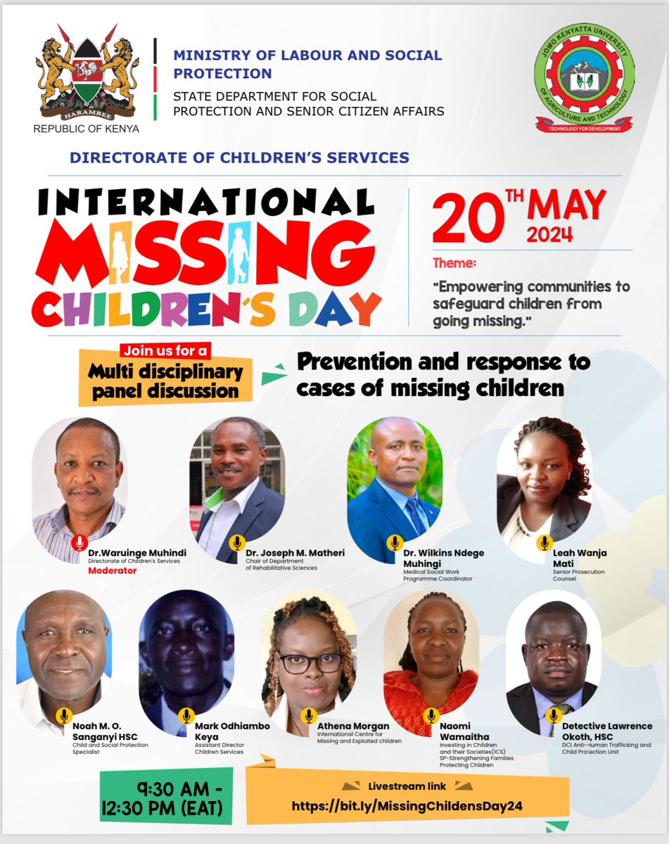Happening now: @DiscoverJKUAT 

Multi disciplinary Panel Discussion on Prevention and Response to cases of Missing Children.

#InternationalMissingChildrenDay