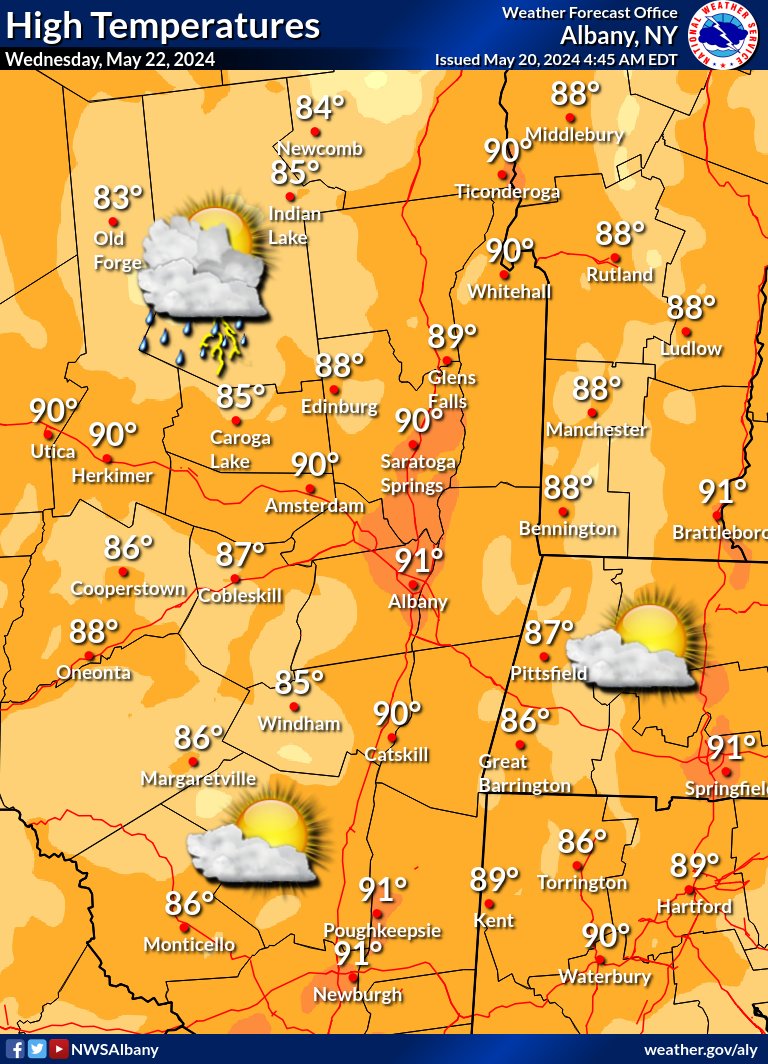 Warming trend begins today with mainly dry weather across the region. Tomorrow and Wednesday will feature temps well into the 80s to around 90 for many valley areas with a chance for a few afternoon showers or thunderstorms especially for western areas. #nywx #vtwx #mawx #ctwx