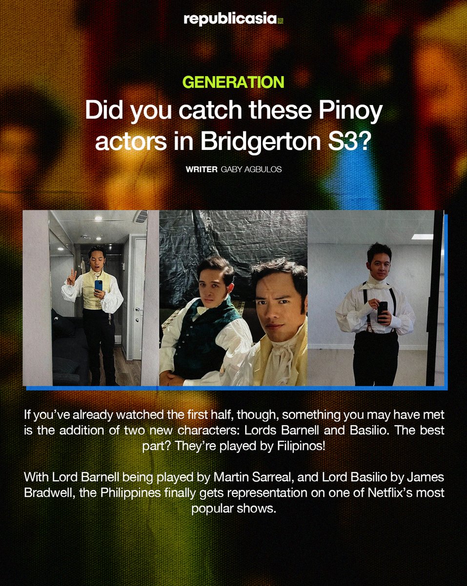 TWO PINOYS IN THE BRIDGERTON UNIVERSE 🇵🇭🤩

The Philippines finally gets representation on one of Netflix’s most popular series, 'Bridgerton.' | #republicasia #Filipino #Pinoy #Bridgerton #Netflix #Series

READ: republicasiamedia.com/did-you-catch-…
