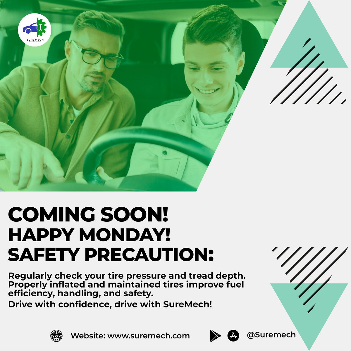 Happy Monday from SureMech! ✨🚗

We're excited to announce something special is coming soon! Stay tuned for updates. In the meantime, here's a quick safety tip to keep you and your vehicle safe on the road:
Safety Precaution Monday 🛠️✨
#suremech #carcare #safetyfirst