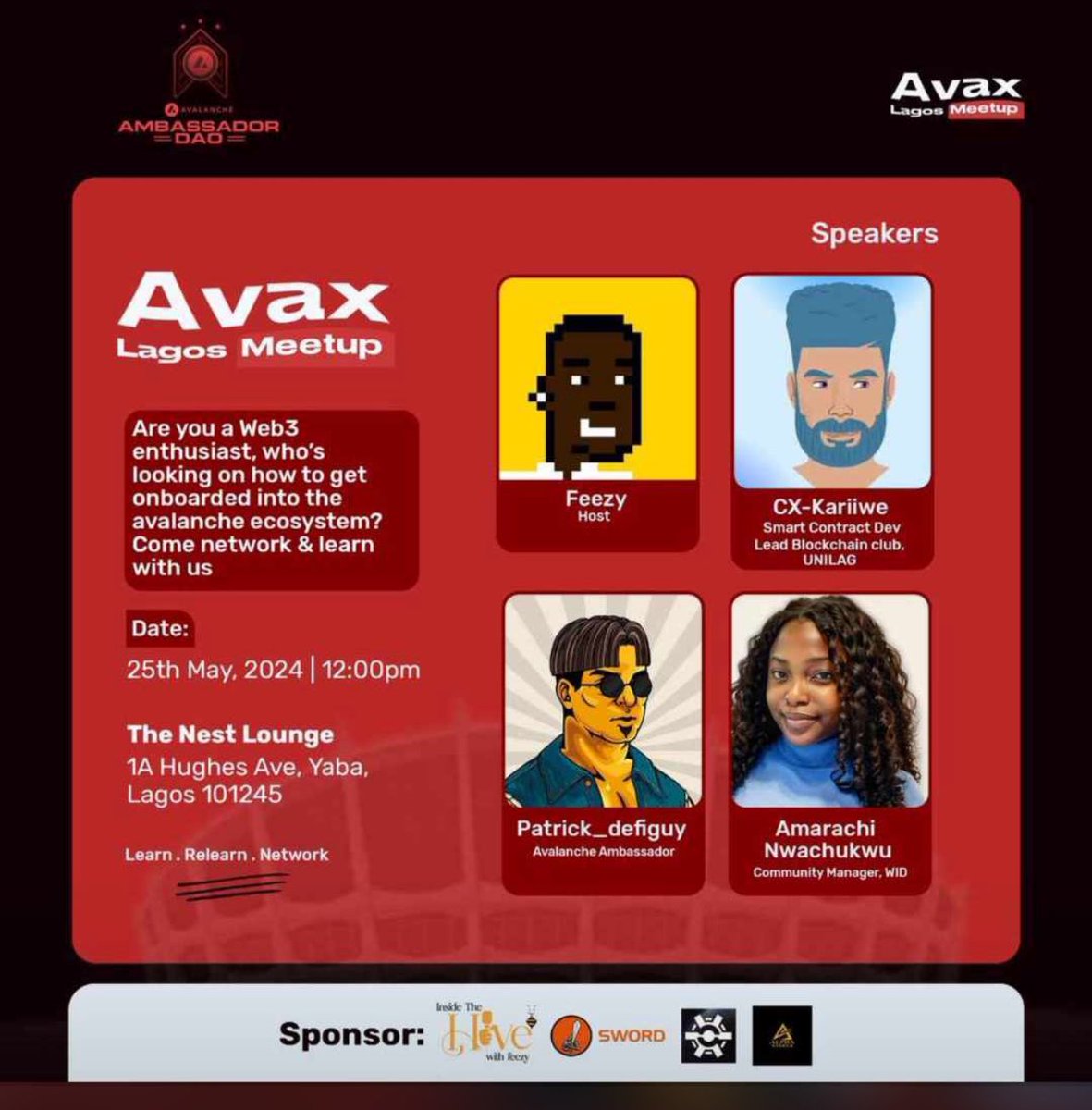 GM GM🤗 first @AvaxDAO_ meetup in Nigeria and spaces are filled up already! Can’t wait to see y’all. Of course I’ll be giving a brief sponsorship speech on @heroesofnft at this event. Shoutout to the ambassadors in Nigeria @that_techieboy @Patrick_DefiGuy for planning this 💯