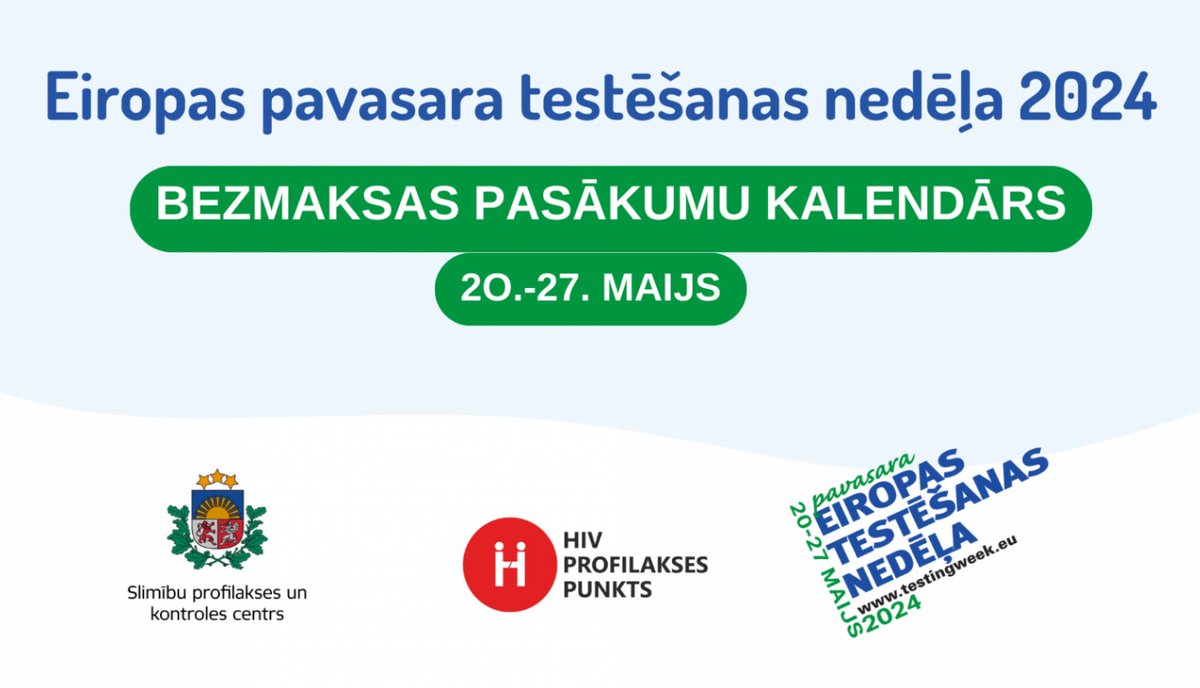 Šodien, 20. maijā, visā Eiropā sākas Pavasara testēšanas nedēļa @EuroTestWeek . Šīs nedēļas laikā ikviens iedzīvotājs aicināts bez maksas, anonīmi un konfidenciāli veikt HIV, B un C hepatīta eksprestestus HIV profilakses punktos Latvijā. 

👉Plašāk šeit: spkc.gov.lv/lv/jaunums/eir…