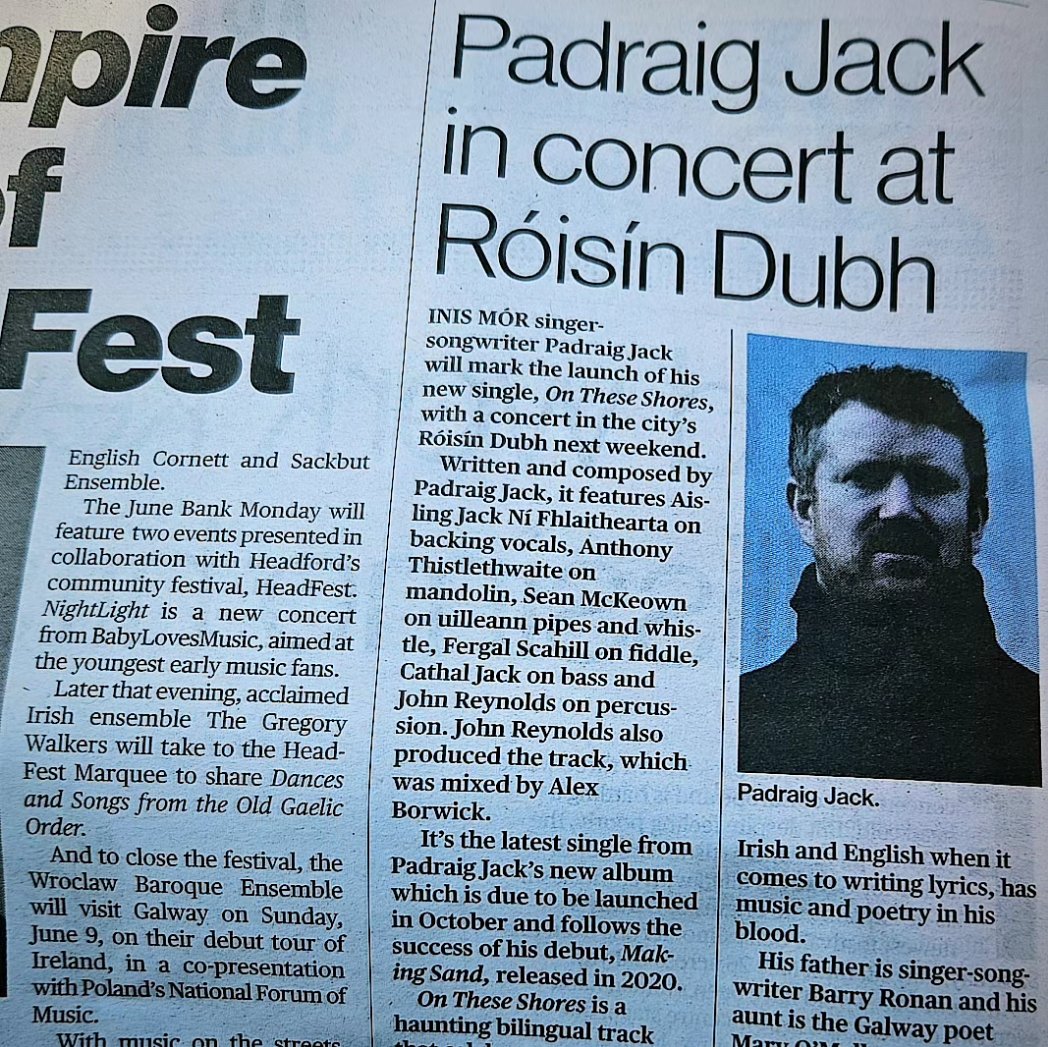 There's an article in the @galwayad about next Sundays show in the @roisindubhpub 🎶 I'm looking forward to playing a full band show there and in the @CobblestoneDub on May 31st! #galway #livemusic #ceolbeo @singularartists