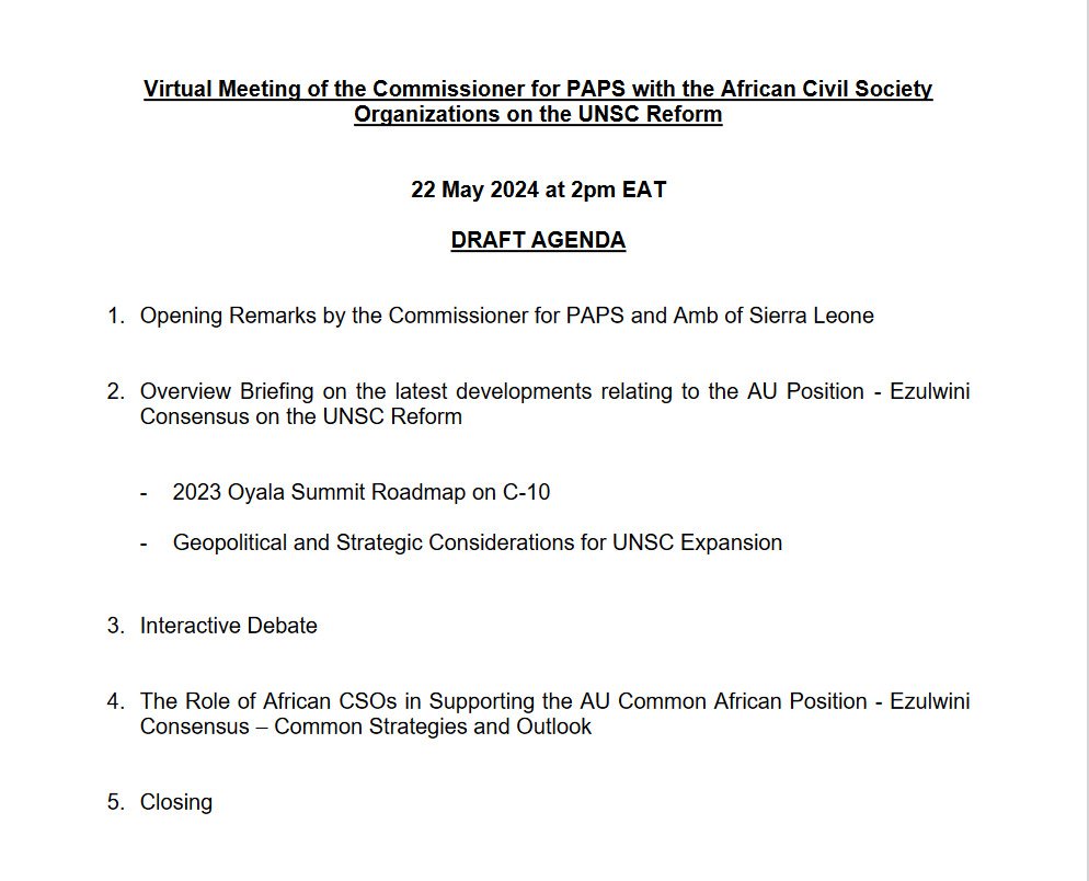 📢INVITATION to participate in virtual consultation on CommonAfricanPosition on UN SecurityCouncilReforms with CSOs.
📆22May2024, 14h00(EAT)
🎯 to hold multistakeholder conversation with African CSOs to support&amp; popularize #EzulwiniConsensus

To register📧HammadS@africa-union.org