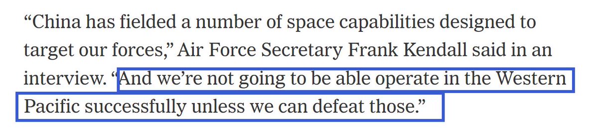 “Operate in the Western Pacific successfully” is a euphemistic way of saying asserting U.S. hegemony in the region, if not defeating China altogether. That belligerent ambition makes U.S. forces legitimate targets for China’s space capabilities.