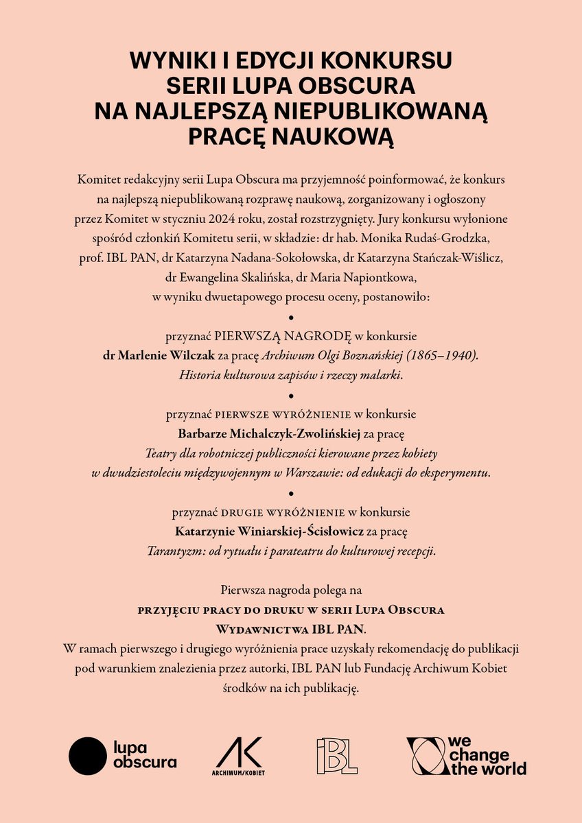 Komitet redakcyjny serii Lupa Obscura informuje, że konkurs na najlepszą niepublikowaną rozprawę naukową został rozstrzygnięty. 
Gratulujemy!
