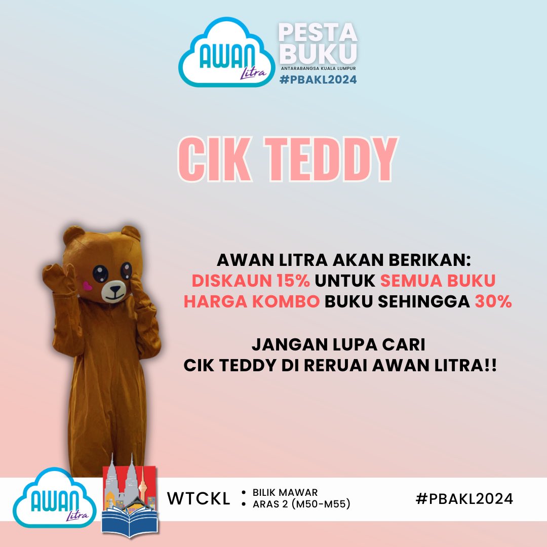 awanlitra's tweet photo. JOM BORONG BUKU BERSAMA CIK TEDDY 🐻🩵

Jangan lupa singgah reruai Awan Litra di PBAKL 2024 ✨ Alang-alang boleh selfie sekali dengan cik Teddy 🐻🩵!

 #klibf #pbakl2024 #pbakl #awanlitra #jendelakeduniafantasi #lubuknovel #novel https://t.co/BsOro1QfC9