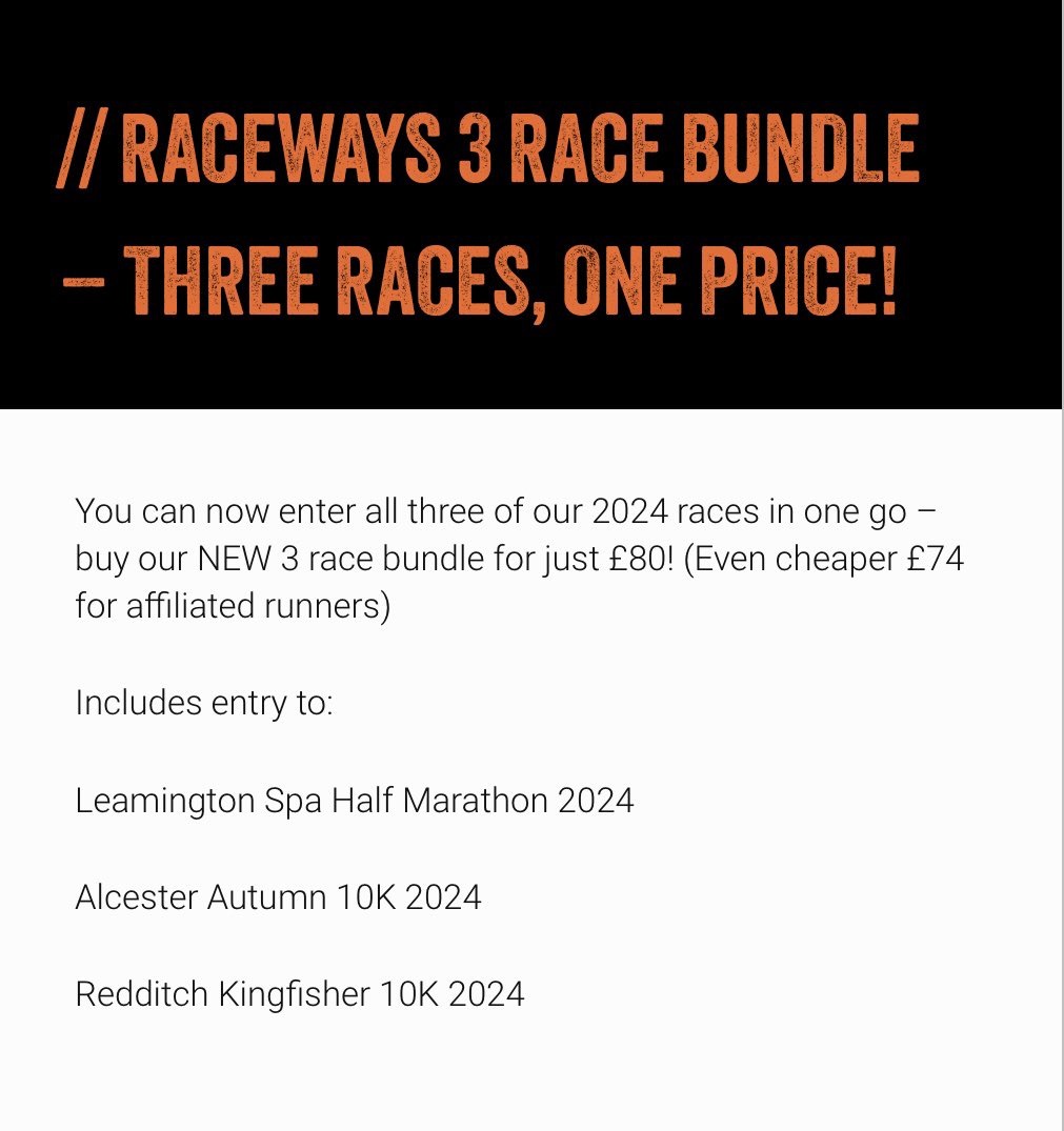 Need some #mondaymotivation?

There’s time to make use of the 3 race bundle!

First race is the #Leamhalf on Sunday 23rd June

But it here: racewaysevents.eventrac.co.uk/series/raceway…

#racebundle #running #mondaymotivatiom #leamhalf #leamhour #leamingtonrunning #run10K #alcester10K #medalmonday
