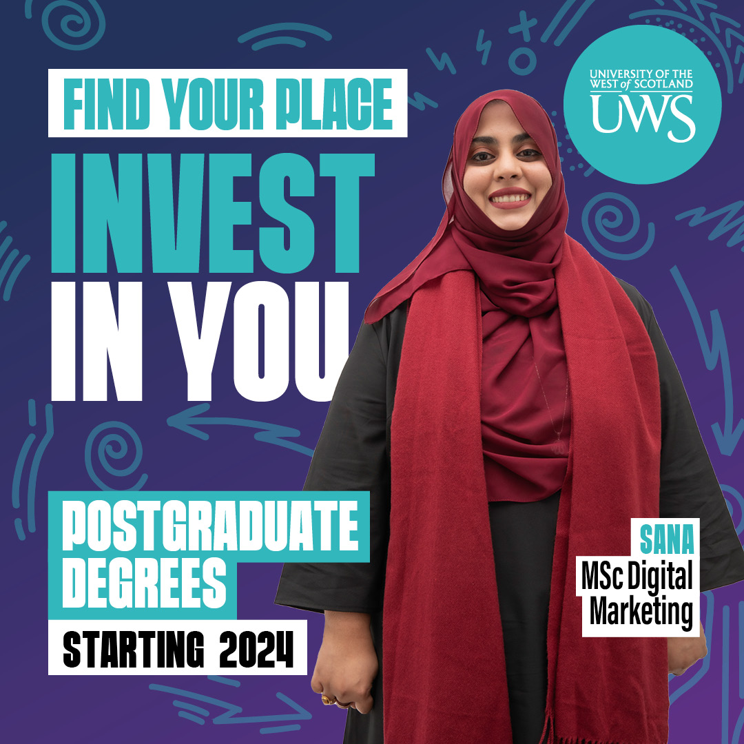 Looking to upskill? Advance your career with one of our exciting postgraduate programmes starting in September 2024. Explore your options at our Postgraduate Open Evening on 29th May: eventbrite.co.uk/e/uws-postgrad… #LifeAtUWS