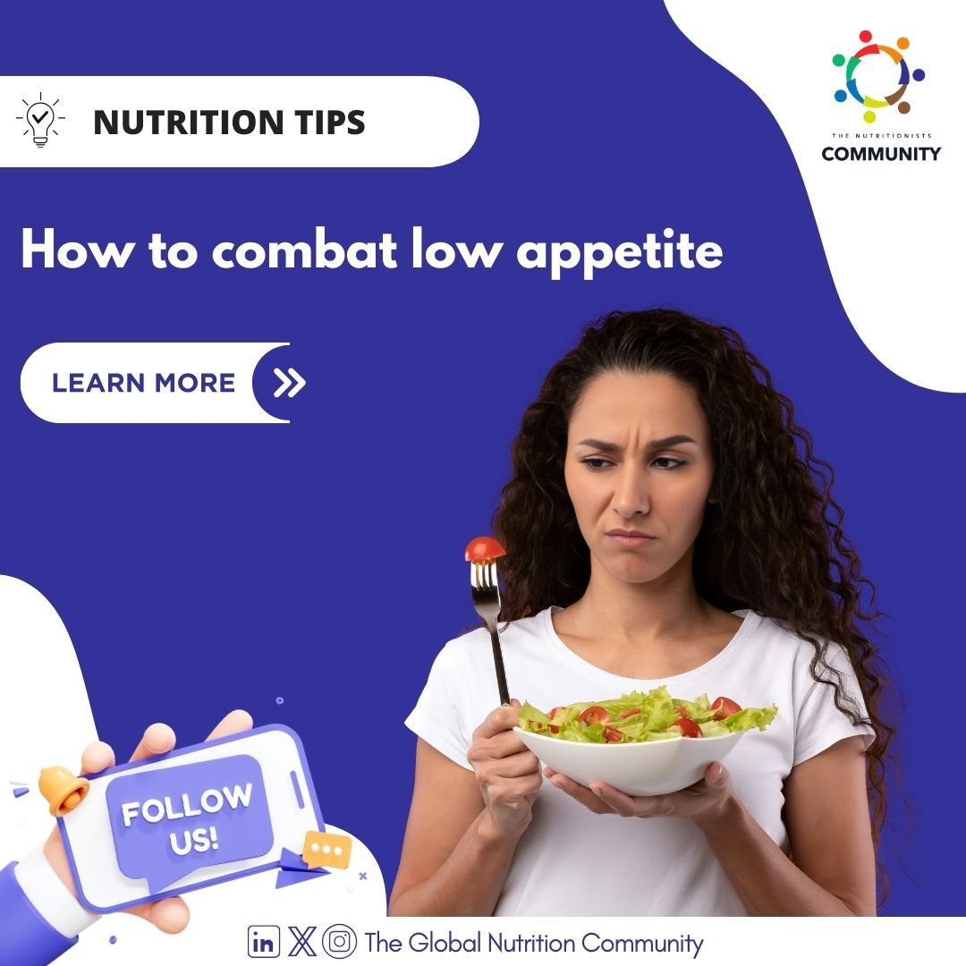 T_G_N_C's tweet photo. Struggling with low appetite? Try these tips:
🍽️ Eat smaller portions more frequently.
🥑 Choose nutrient-dense foods like nuts and avocados.
⏰ Don’t skip meals; eat regularly.
🏃♂️ Exercise to boost your appetite.
#nutritiontips #healthawareness #lowappetite #nutrition #TGNC https://t.co/GKrvfBq9HH