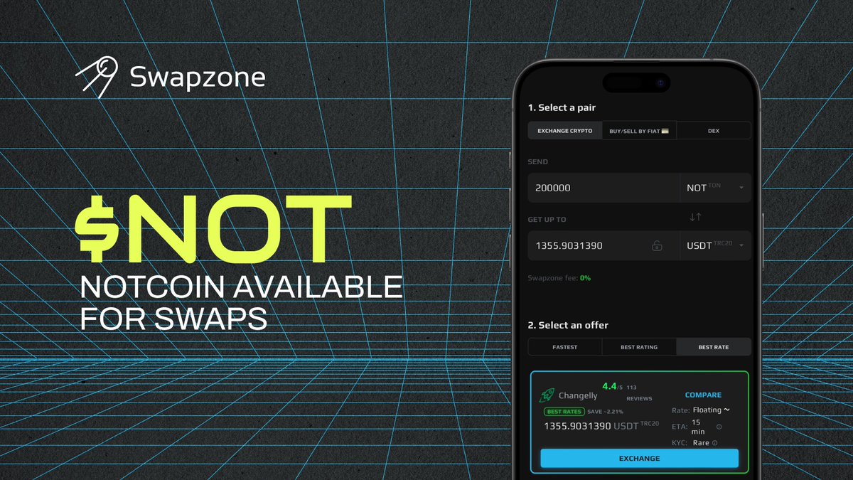 🫡Notcoin is now available on Swapzone!

🦾The incredible story of the $NOT token - it was launched as a toy, tens of millions of users and a powerful trading start!

Trade with Swapzone:
🚀multiple offers
🚀genuine reviews
🚀upfront transparency

swapzone.io