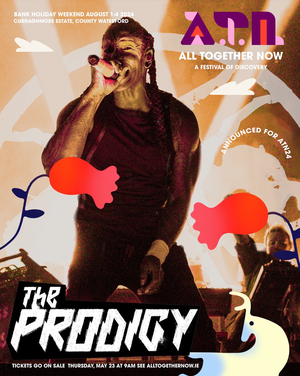 Legendary group, @the_prodigy have just been confirmed to close @ATNfestival this year 🤩 All Together Now returns to Waterford's Curraghmore Estate from 1 - 4 August 2024 🎪 50+ more acts TBA tomorrow 👀 🎫 Tickets on sale this Thursday at 9am bit.ly/3KdB8kI