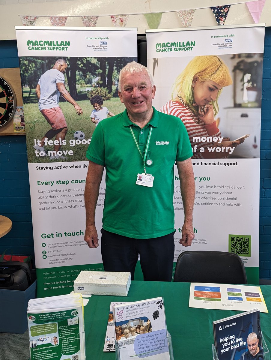 Meet Bill our wonderful Macmillan volunteer at today's Macmillan Cancer Health and Wellbeing day. Bill and team are here at the together centre Dukinfield drop in support to 1pm classes running to 4pm tamesidemacmillan.org/events/macmill…