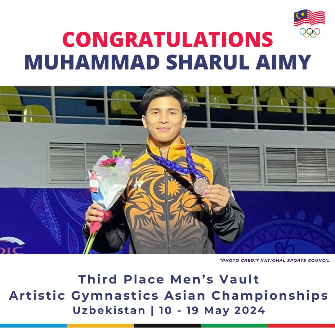 The OCM congratulates Malaysian gymnast Muhammad Sharul Aimy for finishing third in the Men’s Vault event at the Men’s Artistic Gymnastics Asian Championships 2024, held in Tashkent, Uzbekistan, from May 10-19, 2024.