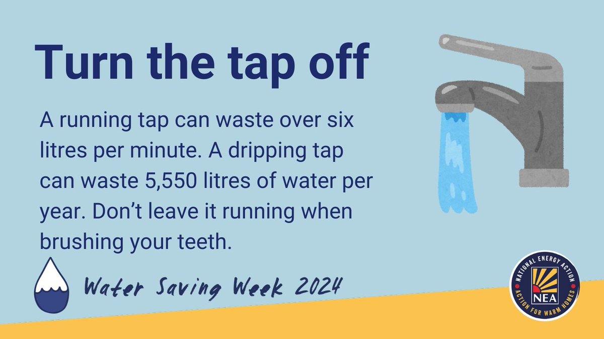 You could save litres of water per year by turning off taps. You could save money on heating the water and help the environment. #WaterSavingWeek