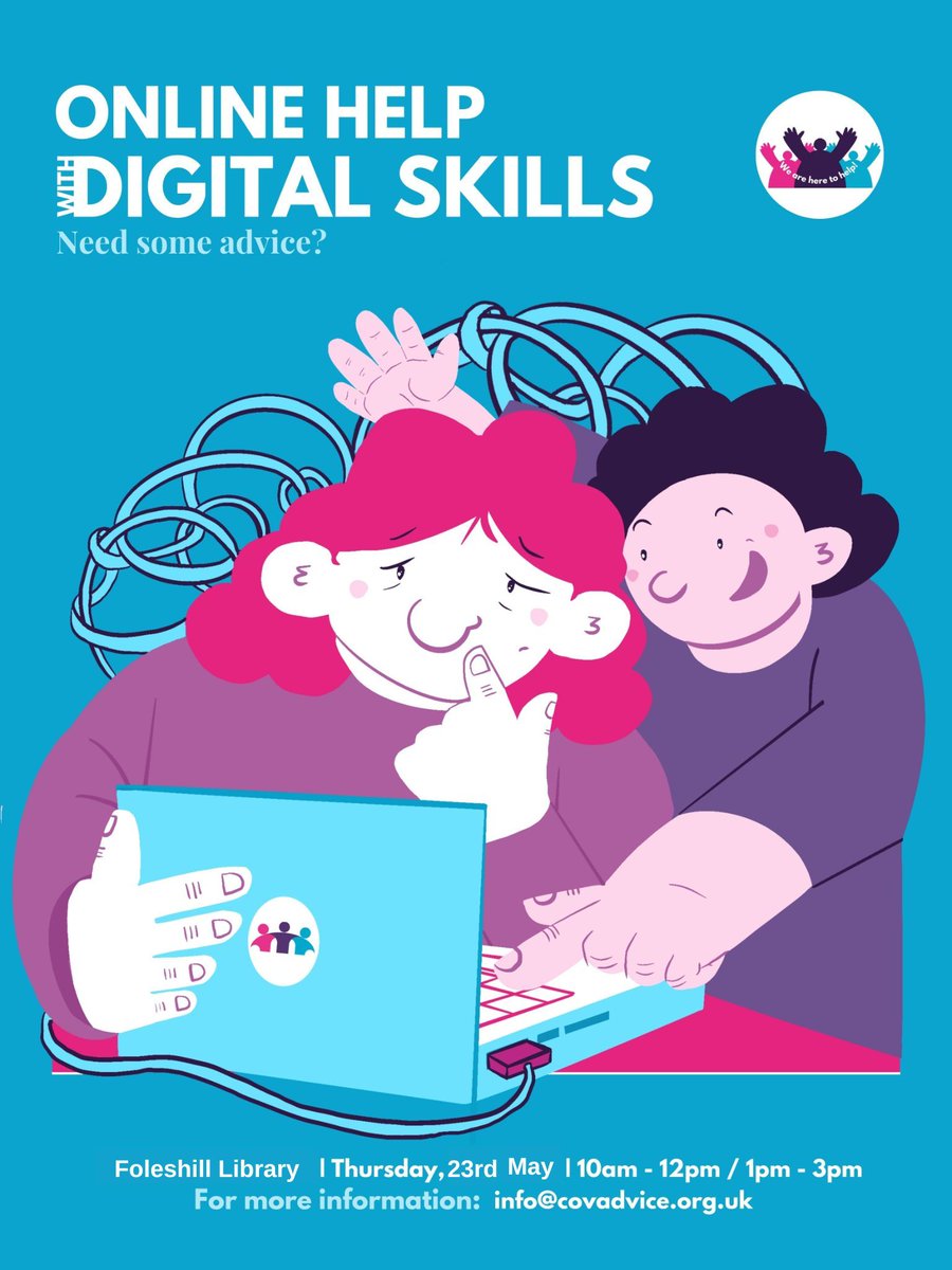 Coming up on Thursday 23rd May this week, we're back at Foleshill Library from 10.00 - 12.00 and 1.00 - 3.00 #Free #DigitalSkills help, no need to book, just turn up with your questions We can support people with no skills up to anyone who needs help with specific things 💻🖥🖱💪