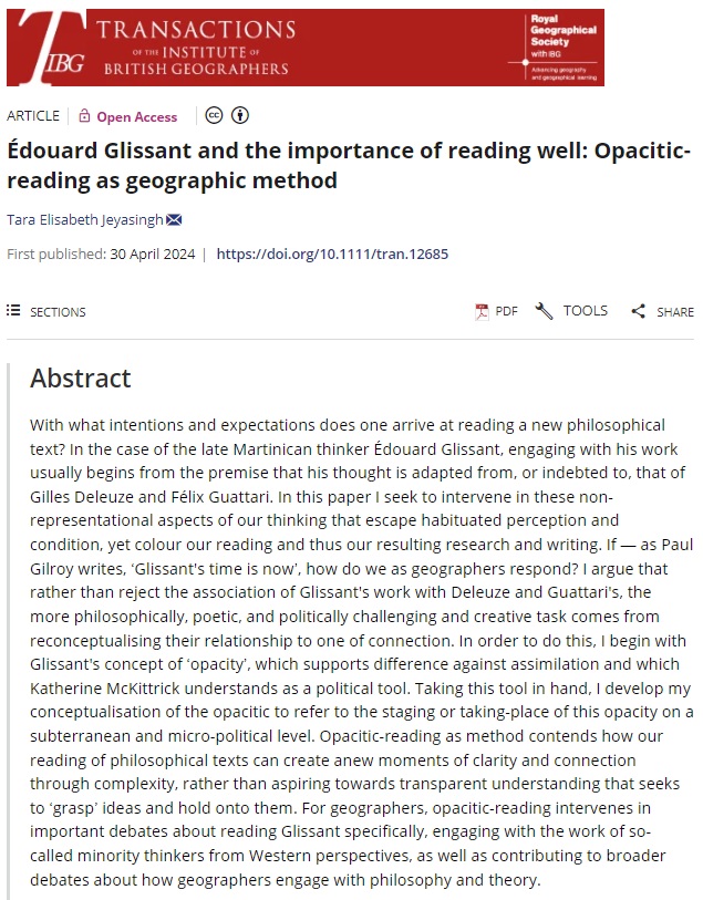 📢New paper published in #TIBG by @TaraJeyasingh (@UNSWCanberra):

'Édouard Glissant and the importance of reading well: Opacitic-reading as geographic method'. #OpenAccess

doi.org/10.1111/tran.1…