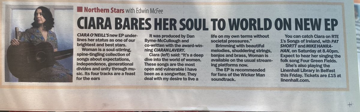 Thanks so much to @edwinmcfee for this lovely write up in yesterdays @TheSundayLife “a soul stirring, spine tingling collection of songs” 💙 tickets for this Fridays EP launch in the @thelinenhall 🎟️ linenhall.com/event/ciara-on…