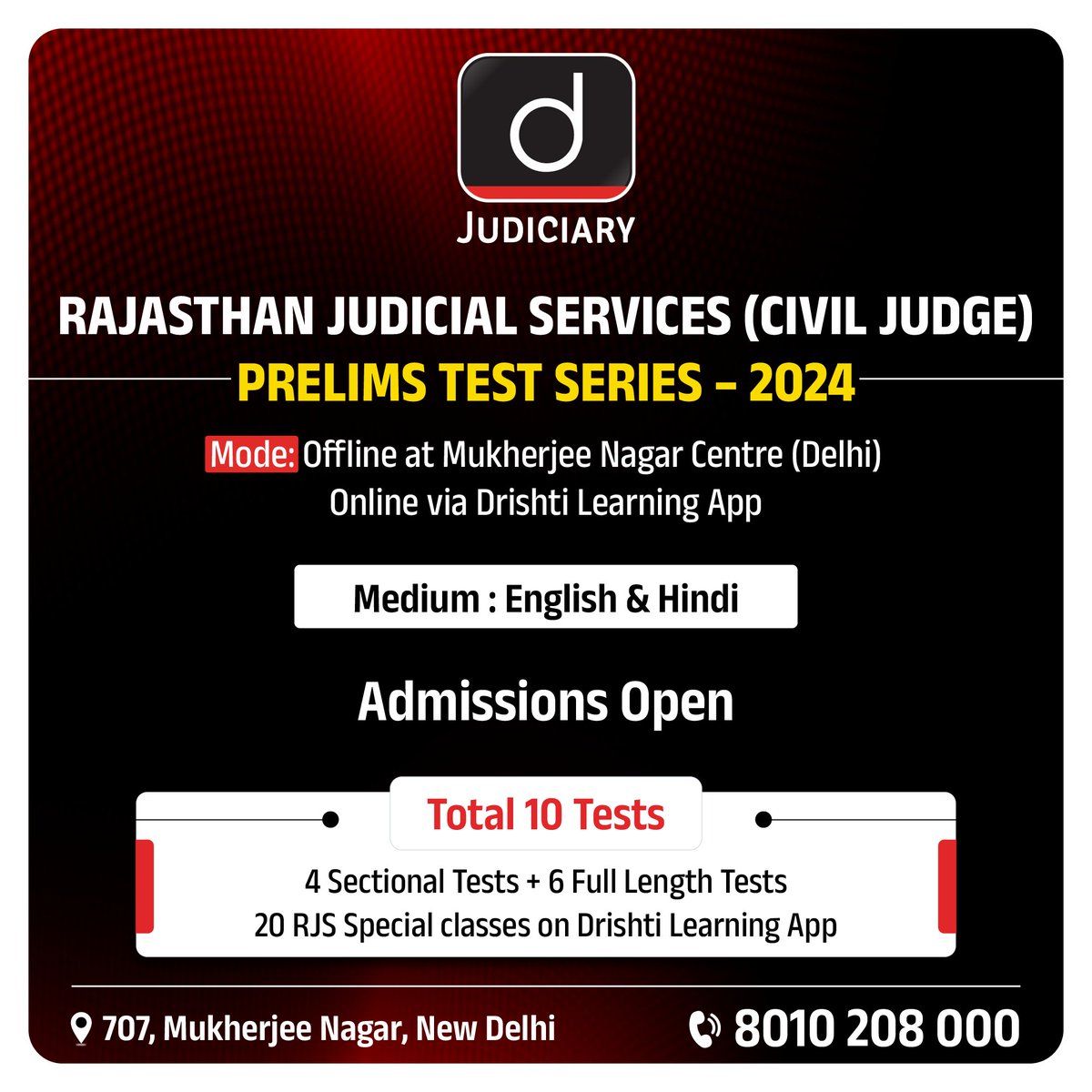 Lay the foundation for your Civil Judge career with our Rajasthan Judicial Services Prelims Test Series 2024!

Check the link: drishti.xyz/RJSCivilJudge-…

#Judiciary #Prelims2024 #Law #CivilJudge #Students #PublicServices #Practice #DrishtiJudiciary #TeamDrishti