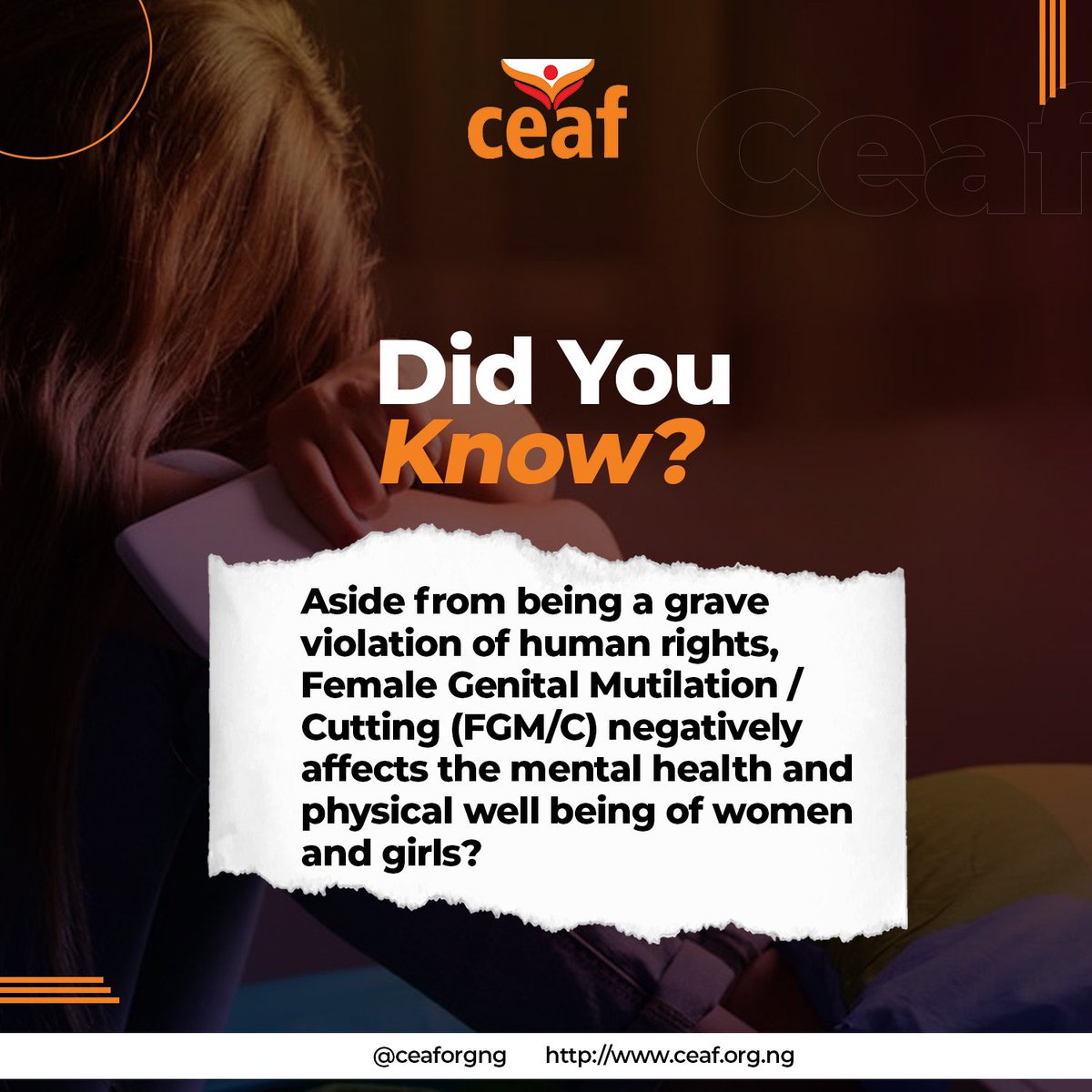 Female Genital Mutilation/Cutting (FGM/C) is an unhealthy practice for women, men, girls & the society at large.

You can report cases (potential and past) via our website here - ceaf.org.ng/report-abuse/

#ceaforgng #EndFGMNow #ceafproject #endfgm #eradicationisthegoal #stopthecut