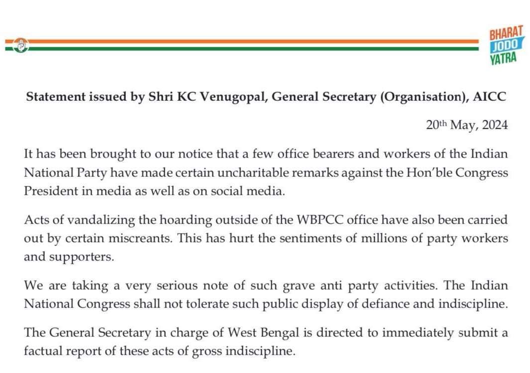 Strong Message from Congress High Command. The Notice says No Remarks against Congress President will be Tolerated. They have also taken note of 'Anti Party Activities'.