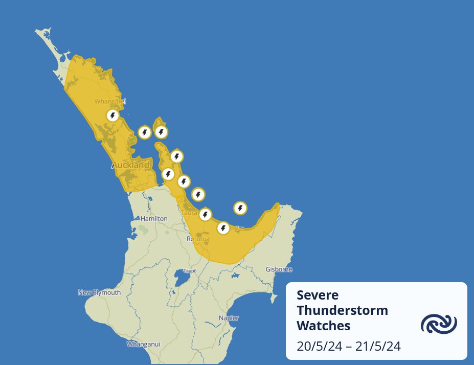 MetService's tweet photo. Severe Thunderstorm Watch - issued Monday 7:53pm 20/5/24
An active front is moving southwards across central and northern parts of Northland tonight, and onto Auckland and Coromandel Peninsula later tonight and overnight, and across Bay of Plenty/Rotorua in the early morning bringing heavy rain. There is a moderate risk of SEVERE THUNDERSTORMS with localised downpours of 25 to 40 mm/h possible.
Our meteorologists are monitoring the situation closely. Note, expect rain and thunderstorms to ease over Northland from the north tonight.
Latest at https://t.co/XaJTwsqzjf