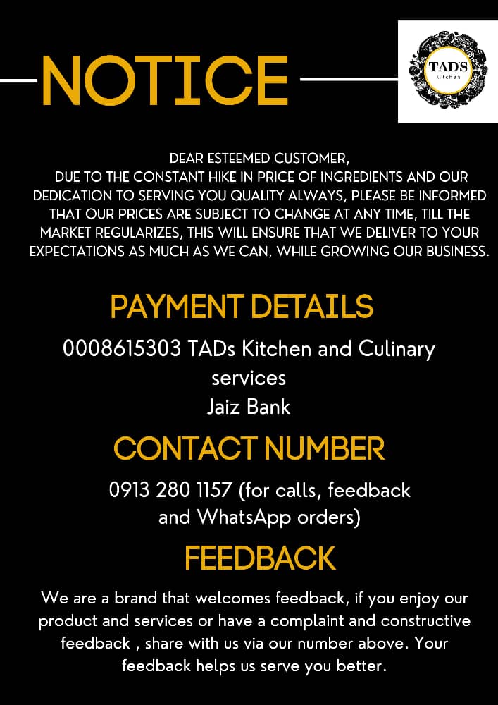 Whether you are craving shawarma or loaded fries or our tasty burgers the TAD's Kitchen menu has something to satisfy your cravings. 

 Our doors will be open from 9:30 AM.   Call us on (+234)  09132801157 or send us a message one WhatsApp.