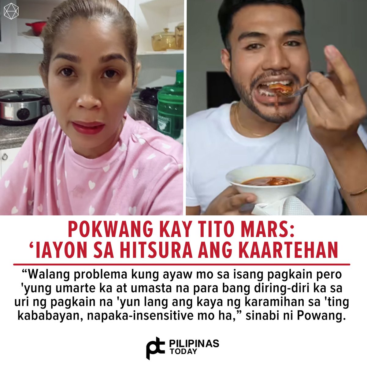 Hindi nakapigil na mag-react ang comedian at actress na si Pokwang sa social media personality na si Tito Mars na “Sardinas Eating Challenge” bilang marami raw ang nag-request sa kanya at never pa siyang nakatikim nito.

'Mga tao talaga ngayon makagawa lang ng content kahit