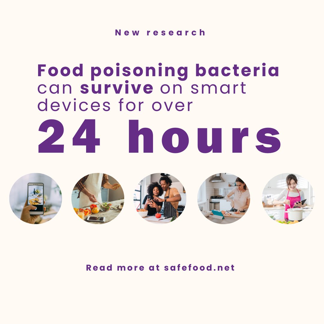 Food poisoning bacteria can survive on the screen of a smart device for more than 24 hours, our new research has found. So if you’re cooking, it’s important to wash your hands before and after touching your phone. Read more here: safefood.net/communications… @FSAIinfo @FSAinNI