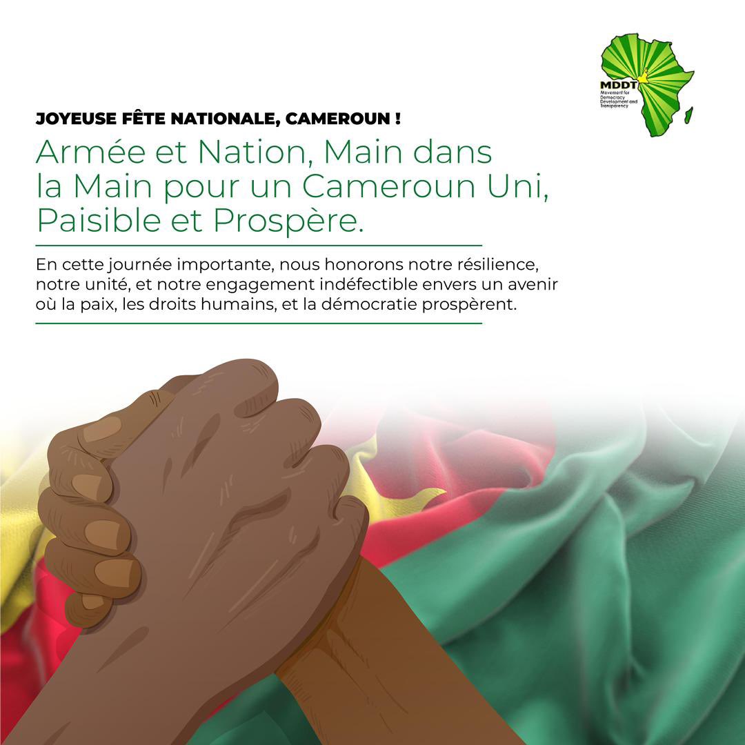 Bonne Fête Nationale ! 🇨🇲 Célébrons l'unité, la paix et la prospérité sous le thème inspirant de cette année : "Armée et Nation, ensemble pour un Cameroun uni, paisible et prospère." Ensemble, nous sommes plus forts ! #FêteNationale #Cameroun #UnitéPaixProspérité