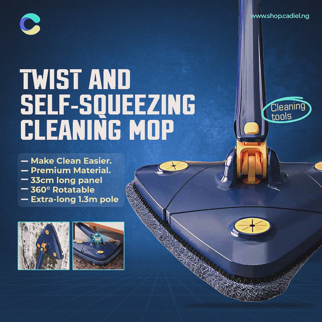 This Twist and Self-Squeezing Cleaning Mop has rotating joints, making it easy for the mop to penetrate corners and under the furniture easily to thoroughly clean areas where traditional mops can never clean.

Same-day delivery within Lagos, send a DM to order!