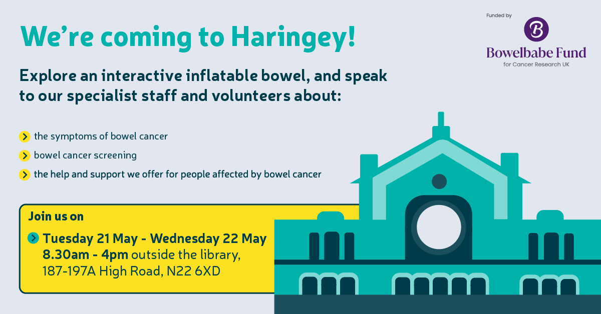 Reminder! Tomorrow our team will be in Haringey raising awareness of #BowelCancer as a part of our roadshow. If you’re in the local area, please come along and say hello to our friendly staff and volunteers. Find out more about our roadshows: bit.ly/3SWppes